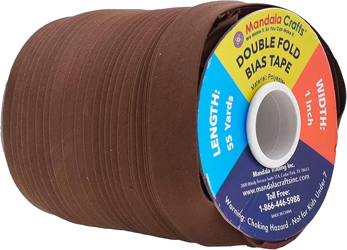 Mandala Crafts 55 Yards 1 Inch Brown Double Fold Bias Tape for Sewing - Bias Binding Tape for Quilting Binding, Hemming, Seam, and Fabric Piping