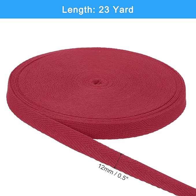 uxcell 23 Yards Cotton Twill Tape, 1/2-inch Herringbone Webbing Ribbon Bias Binding Tapes for Clothes Sewing, DIY Crafting (Dark Red)