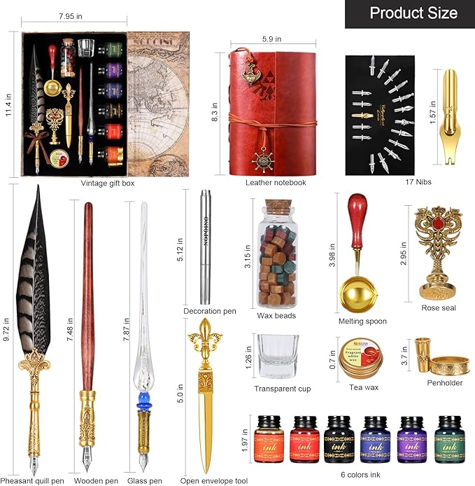 Vintage Pheasant Quill Pen Ink Set,Feather Dip Pen Set with Classic Spiral Bound Leather Notebook,Beginners Glass Dip Pen Wood Calligraphy Pen Craft Decoration Pen,Best Gift Kit for Writing,Drawing