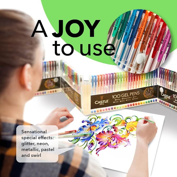 Castle Art Supplies 100 Gel Pens for Adult Coloring Set | Drawing, Scrapbooks, Journals | Amazing Colors, Effects – Swirl, Glitter, Neon, Pastel, Metallic - With Smooth, Fine Tips