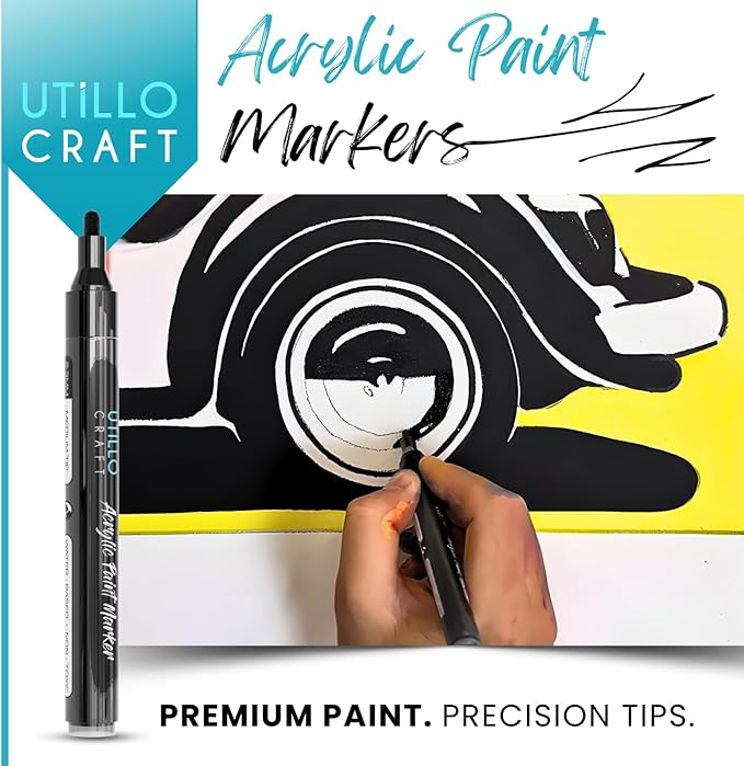 Utillo Craft Black Paint Pen (8-Pack) for Rock Painting, Wood, Glass, Tire, Canvas, Metal, Fabric | Medium 2-3mm Tip Made in Japan | Bold Color Acrylic Black Paint Markers | Perfect Art DIY Gift