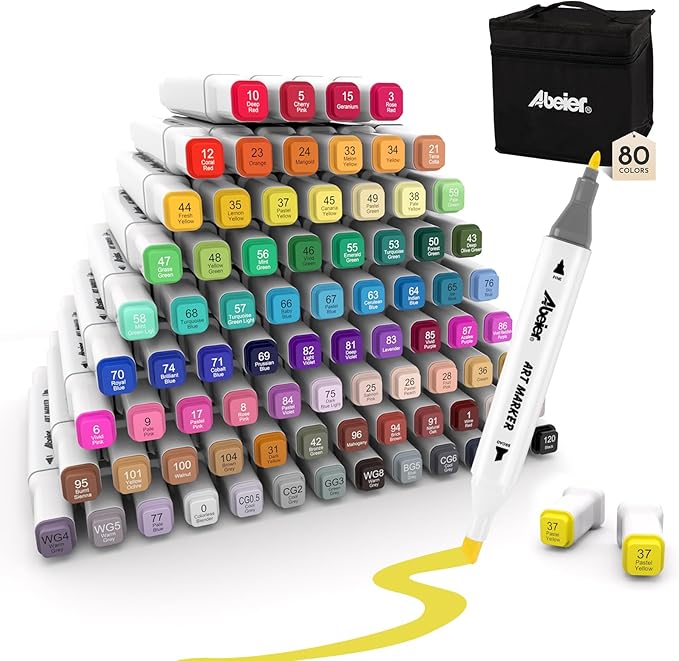 ABEIER Alcohol Markers, 80 Colors Dual Tip - Chisel& Fine, Coloring Markers Perfect for Adults, Ideal For Book Drawing Sketching Painting, Card Making, Includes 1 Colorless Blender