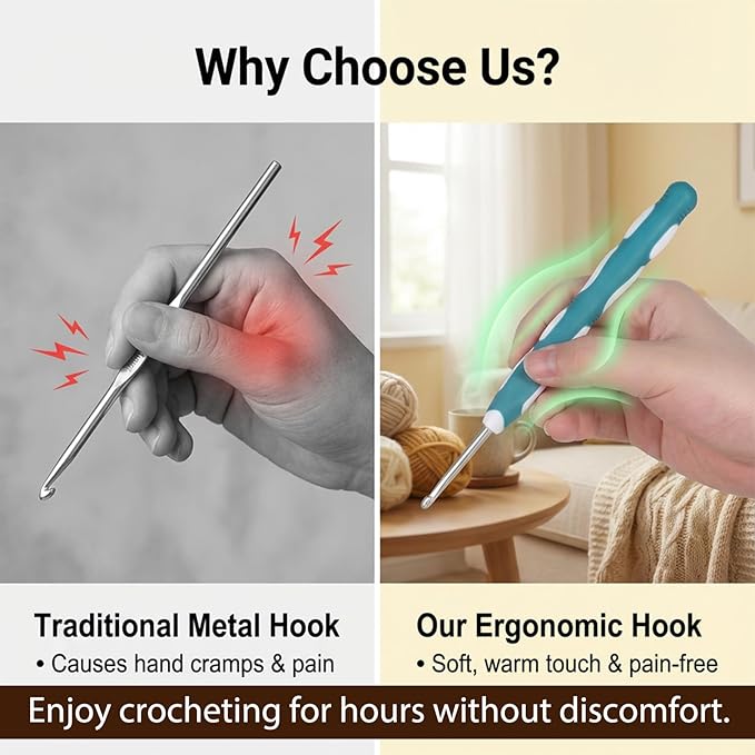 cobee 9Pcs Crochet Hooks, Ergonomic Crochets Hooks Set, Hook Knititng Needles Non Slip Rubber Handle Crochets, Long Crocheting Hook Grips for Beginners and Experiecced Crochet Lover