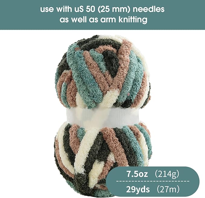 Hombys 8 Pack Giant Chunky Yarn for Crocheting & Knitting, Super Bulky Soft Fluffy Tie Dye Plush Yarn, Mixed Color Thick Chenille (Green, White Multi)
