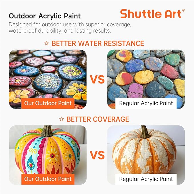 Shuttle Art Outdoor Acrylic Paint Set, 12 Colors Waterproof Paint, 8.45oz/250ml Large Bottles, Rich Pigmented Bulk Painting Supplies for Artists, Beginners on Rocks, Wood, Wall, Crafts, Garden Statues