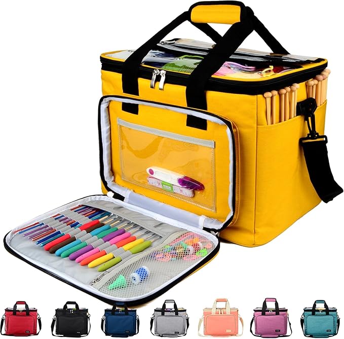 Hoshin Knitting Bag for Yarn Storage, High Capacity Yarn Totes Organizer with Inner Divider Portable for Carrying Project, Knitting Needles(up to 14”), Crochet Hooks, Skeins of Yarn (Yellow)