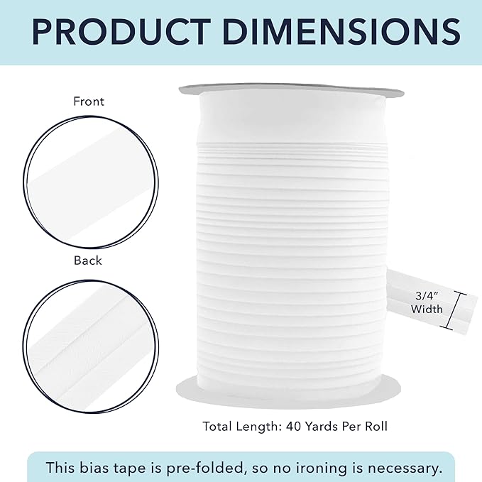 Mandala Crafts 3/4 Inch Single Fold Bias Tape for Sewing, Quilting, Piping, Hemming, Blanket & Quilt Binding – 40 Yards White Fabric Seam Binding Tape