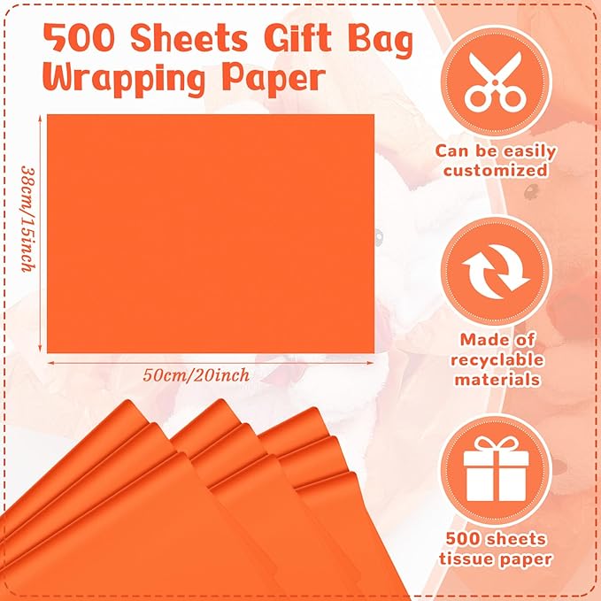 Qilery 500 Sheets Orange Tissue Paper Bulk for Gift Bags 15 x 20 Inch Acid Free Packaging Wrapping Decoupage Paper Sheets for Easter Mardi Gras Party Decoration DIY Craft, Bouquet, Wedding