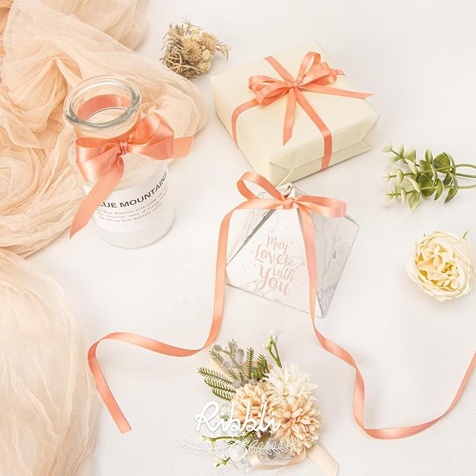 Ribbli Peach Satin Ribbon Double Faced Satin 1/2 inch x Continuous 50 Yards-Peach Ribbon for Gift Wrapping Crafts Wedding Decoration Bows Bouquet Floral Arrangement