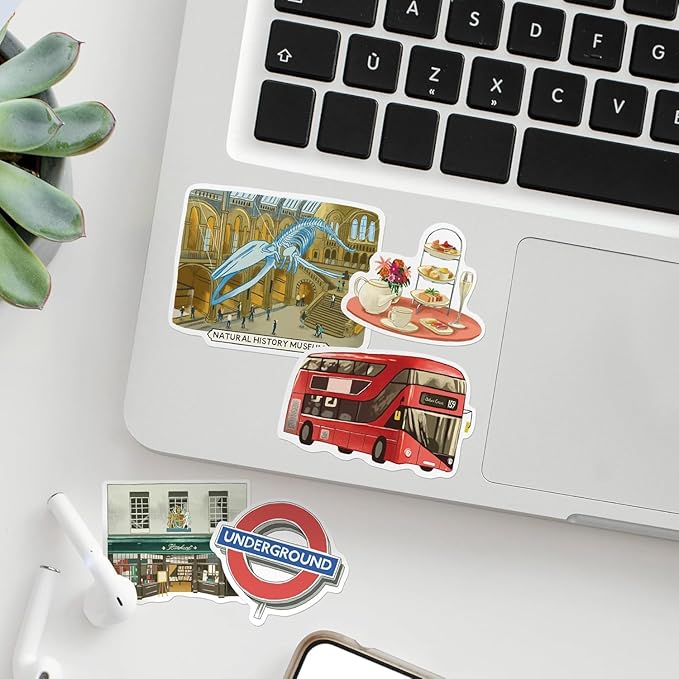 Navy Peony Bustling London Travel Stickers (28pcs) - Gouache Style, English-Themed Vacation Decals for Journals, Scrapbooks, Luggage, Water Bottle