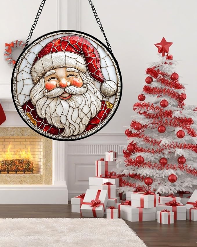 Stained Glass Window Hanging - Red White Santa Claus Suncatcher for Doors Home Christmas Decoration Winter Sun Catcher Thanksgiving New Year Birthday Gifts for Women Men Mom Nana Girl 6.3 in
