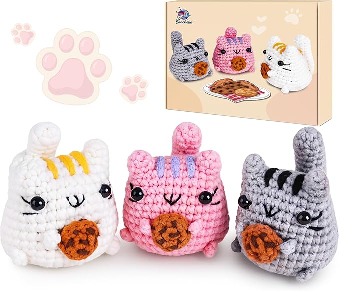 Crochetta Crochet Kit for Beginner, Crochet Starter Kit with Step-by-Step Video Tutorials, Learn Crochet Kits for Adults Women Men Complete Kit Included, 3 Packs Cookie Cat(40%+ Yarn)