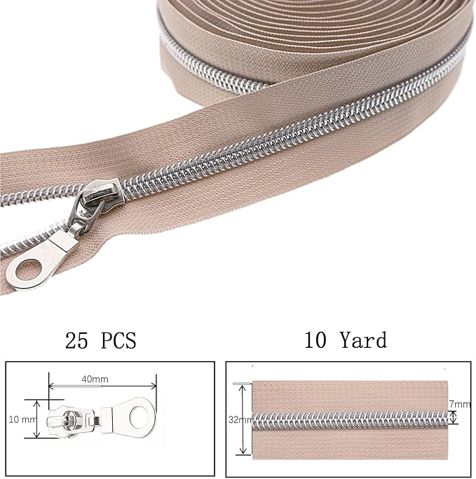 #5 Silver Metallic Nylon Coil Zipper by The Yard, Bulk 10 Yards Beige Zipper Tape Silver Teeth with 25PCS Silver Zippers Pulls for Sewing, Bags, Purses YIGUANXIN