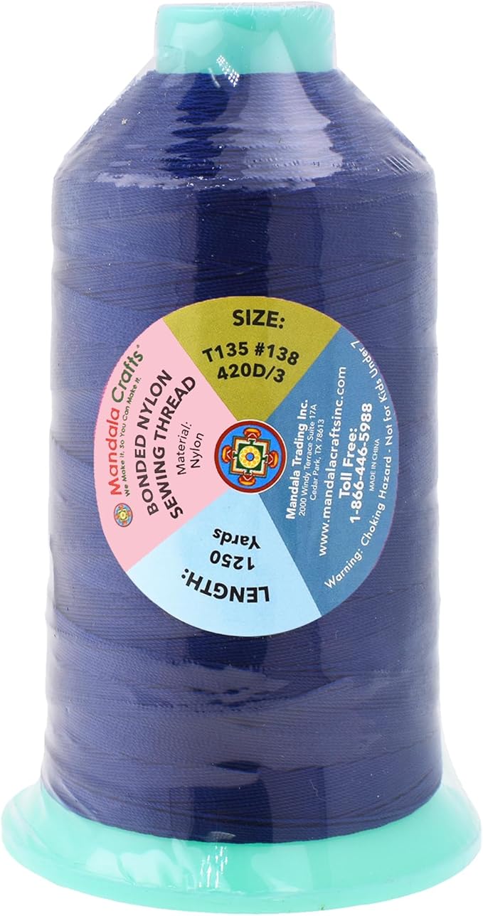 Mandala Crafts Size 138 420D T135 Bonded Nylon Thread - Dark Blue 1250 YDs Tex 135 Heavy Duty Sewing Threads for Leather, Jeans, Weaving, Outdoor Marine Upholstery