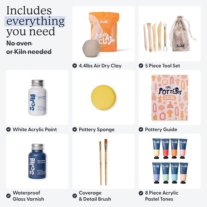 Sculpd - The Original Pottery Kit - Complete Air Dry Clay Kit for Adults Includes Sculpting Tools, Varnish, Paint Brushes, Guides, Arts & Crafts Sets, Pastel