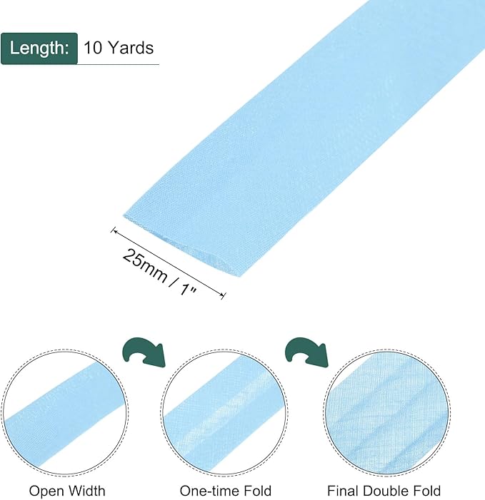 MECCANIXITY 1 Inch Double Fold Bias Tape Polyester Continuous Bulk Bias Tape for Sewing,Seaming Quilting Hemming Binding Crafts (Light Blue 10 Yards)