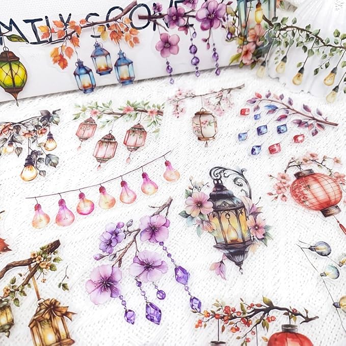 YOKSAS 50PCS Watercolor Hanging Lantern and String Light Stickers – Clear Tree Branch Scrapbook Stickers for Journaling, Card Making, Planners, Crafts, Holiday Art Projects