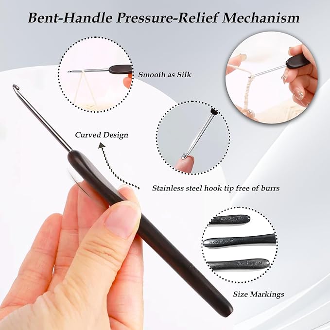Yarniss 4mm Ergonomic Crochet Hook with Ebony Wood Handle, Stainless Steel Crochet Needle with Deep Throat,Arthritis Crochet Hook with Case