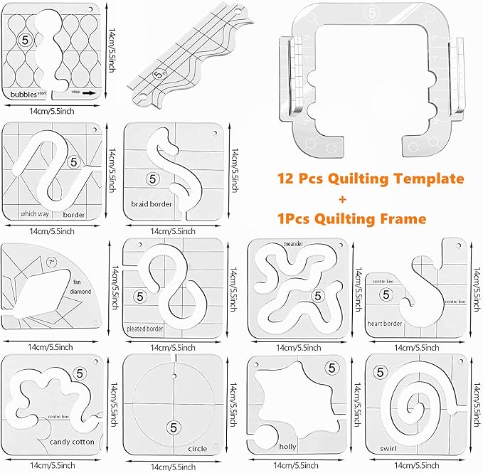 YEQIN 13 Pieces Free Motion Quilting Template with Quilting Frame -5 Series Acrylic Ruler Set - for Domestic Sewing Machine