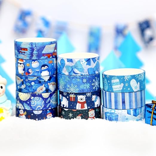 Winter Washi Tape Set,12 Rolls Blue Snowman Holiday Decorative Tape Xmas Ball Gnome Penguin Gift Masking Tape for Journaling Supplies, Journal, Scrapbooking, DIY Arts & Crafts, Gift Wrapping
