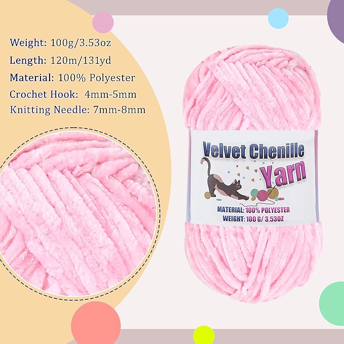 4 * 100g Fluffy Velvet Chenille Yarn for Crocheting and Knitting, Handcrafts Weaving Soft Chenille Yarn for Crocheting Clearance, Used for Making Baby Yarn Blanket, Clothes, DIY Craft (Pink)