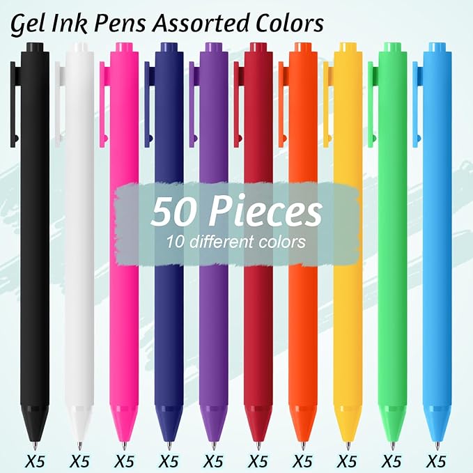 Crtiin 50 Pcs Gel Ink Pens Bulk, Black Ink 0.5mm Fine Point Retractable Pen Smooth Writing Office Supplies for Teacher Server Nurse Christmas Charity Donation Valentine (Colorful)