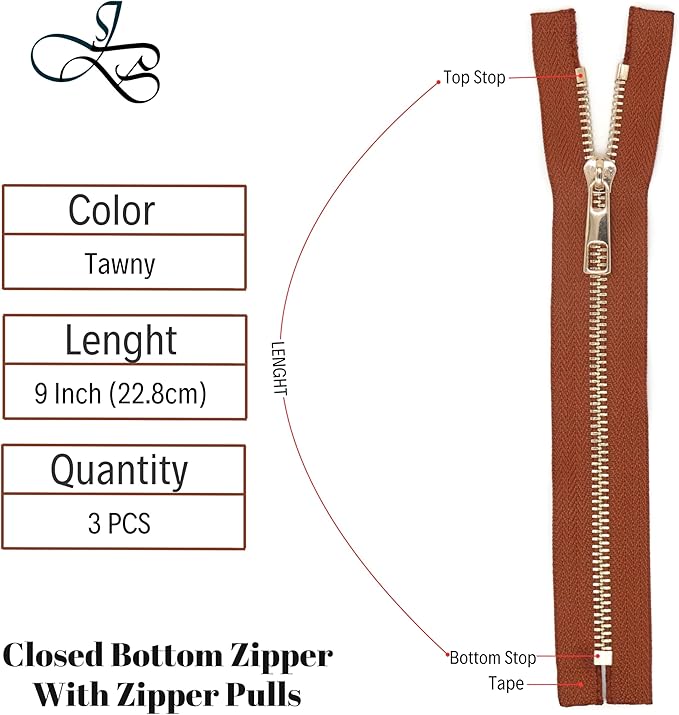 #5 Gold Metal Zipper - 50+ Colors - 3 PCS - (4-14 inches) Sizes - Luxury Lightweight Handcraft Metal Zippers with pulls for Purses Bags Pockets Shoes Sewing & Crafts DIY ZP02479