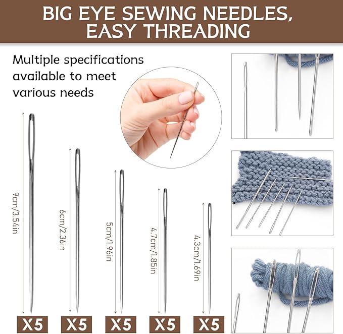 37Pcs Big Eye Steel Sewing Needles Kit, Stainless Steel Sewing Needle Kit, Multi-Purpose Sewing Kit, Portable Sewing Tool Set-Steel Needles,Thread Ripper,Thimble,Threaders Threads and Storage Bag