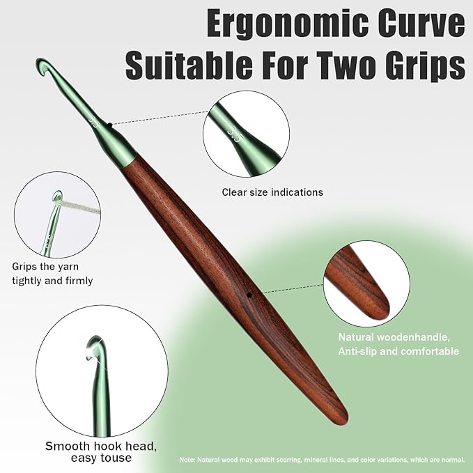 Giwrmu 3 Pcs Crochet Hooks, 3.5mm/4.5mm/5.5mm Ergonomic Crochet Hook, Colored Aluminum Crochet Hook with Wooden Handle Crochet Needle for Crocheting Yarn
