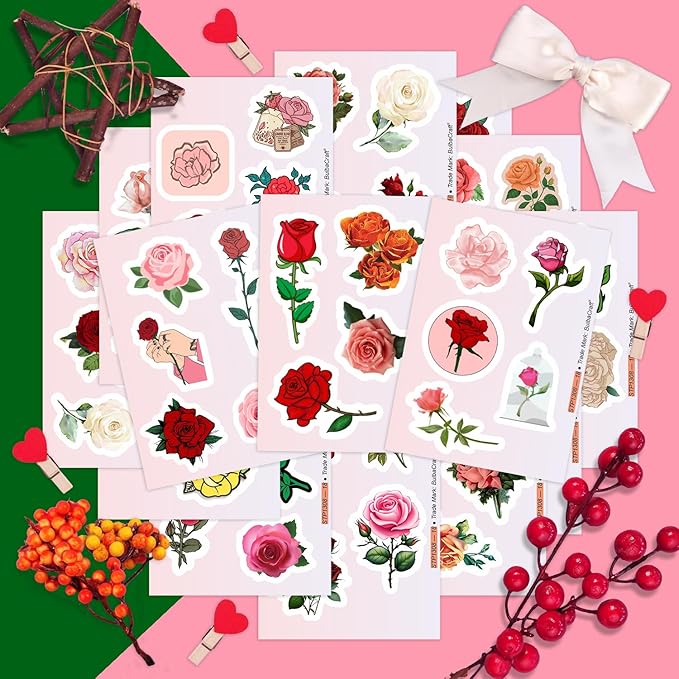 BulbaCraft Rose Stickers for Water Bottle and Laptop - Rose Party Supplies & Decorations, Waterproof Vinyl Decals, Flower and Botanical Stickers, Gifts for Women & Men