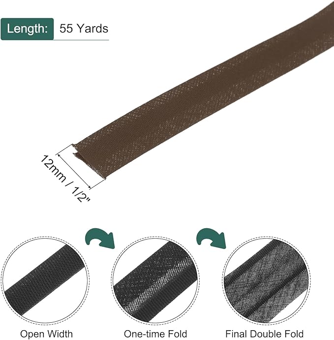 MECCANIXITY 1/2 Inch Double Fold Bias Tape Polyester Continuous Bulk Bias Tape for Sewing,Seaming Quilting Hemming Binding Crafts (Brown 55 Yards)