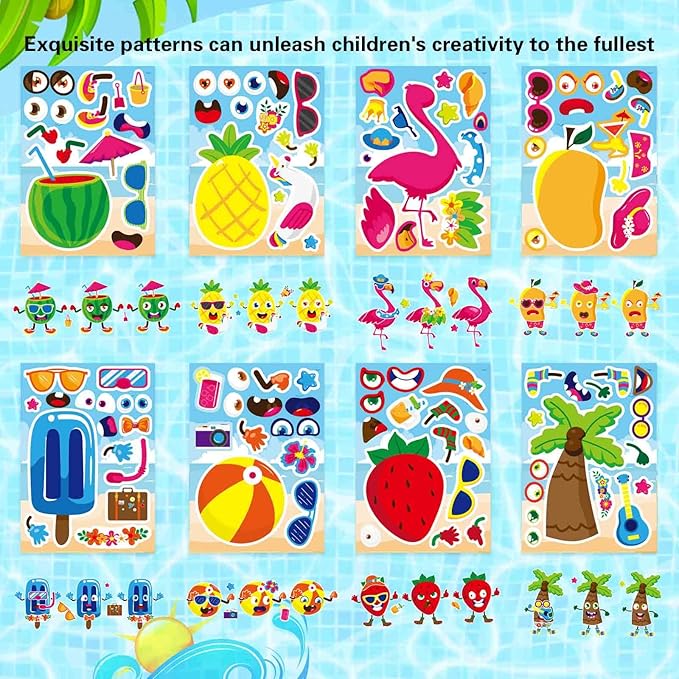 24 Sheets Summer Make a Face Sticker Hawaii Tropical Pool Beach Stickers for Kids, Make Your Own Watermelon Pineapple Flamingo Stickers, Summer Holiday Party Favors