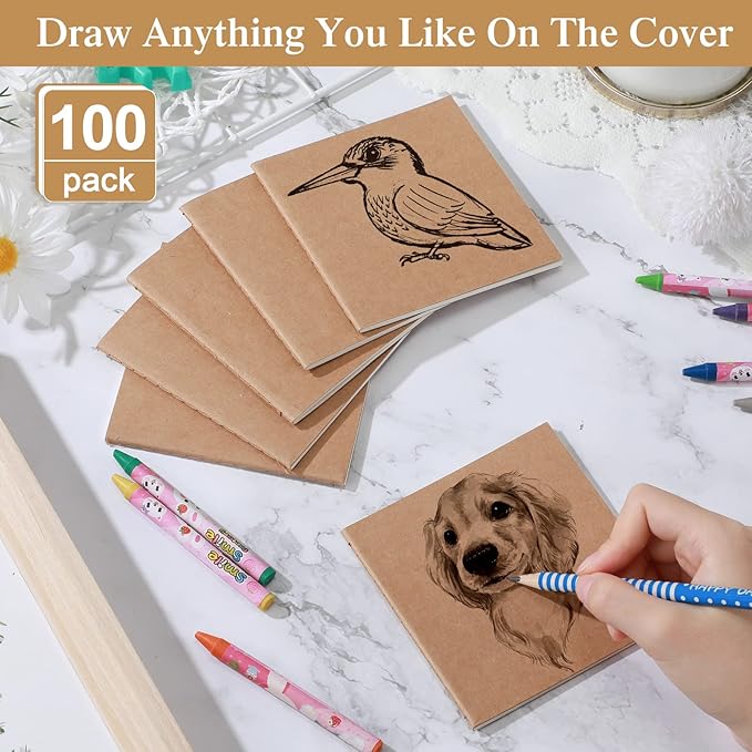 100 Pieces Mini Notebook Bulk Set Small Kraft Paper Journals Blank Lined Pocket Journal Sketchbooks for Drawing Writing Office Supplies 4 x 4 Inch Notebooks with 24 Sheets(Blank Style)