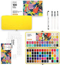 Grabie 100 Colors Premium All-In-One Watercolor Paint Set - 50 Essential, 35 Metallic, 10 Pastels, 5 Neon Hues - Portable Case, Brush Pens, Paper Pad, Waterproof Fineliner Pen, Beginner & Professional