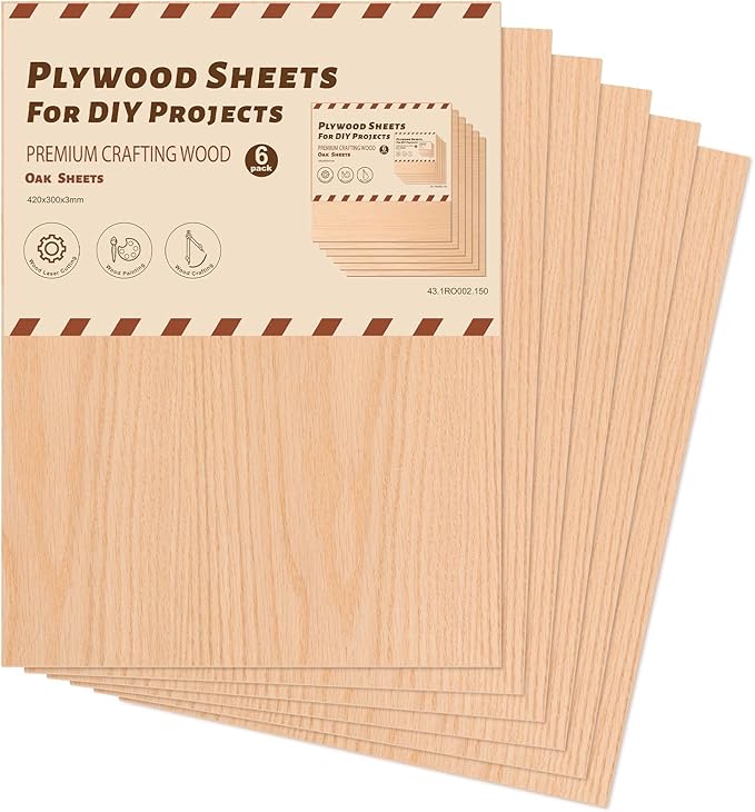 ROBOTIME 6-Pack Laser Wood Sheets 1/8" - 12 x 16 x 1/8 Inch - Oak - 3mm Plywood for Laser Cutting, Laser Engraving Blanks