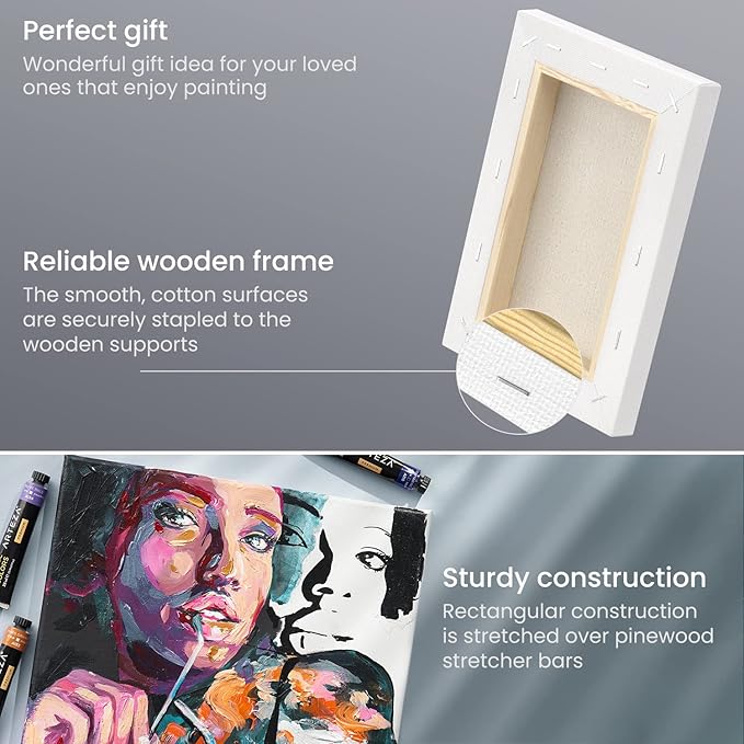 ARTEZA Stretched Canvas, 5 x 7, 8 x 10, 11 x 14, 12 x 16, 16 x 20 Inches, Multipack of 10, Blank White Canvas for Acrylic, Oil and Gouache Painting