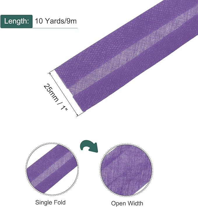 MECCANIXITY 1 Inch Single Fold Bias Tape Polyester Continuous Bulk Bias Tape for Sewing,Seaming Quilting Hemming Binding Crafts (Purple 10 Yards)