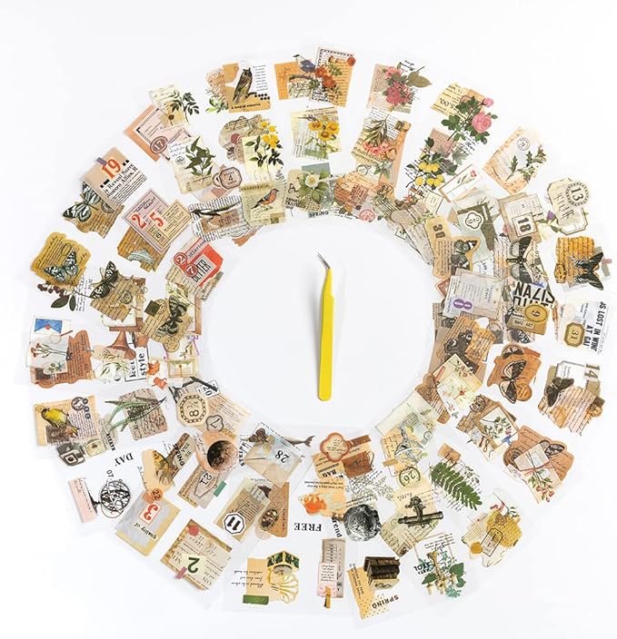 Alideco Scrapbook Stickers Sets Vintage Transparent Animals Floral Aesthetic Adults Scrapbooking Supplies Stickers for journaling tweezer 20Sheets/200Pcs