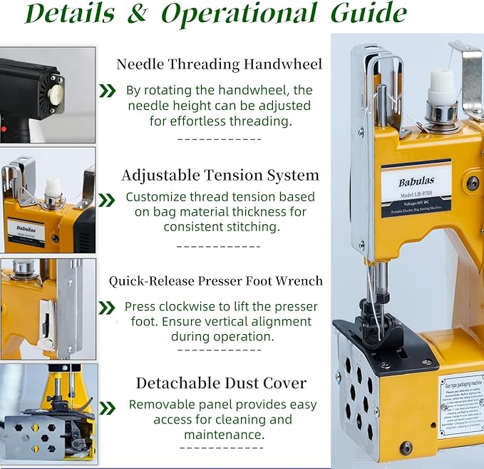 Cordless Bag Sewing Machine | Portable Industrial Bag Closer | 2-Second Fast Sealing for Woven PP/Canvas/Jute Bags | Factory & Farm Bag Stitcher (Yellow, Lithium Battery - 36V DC)