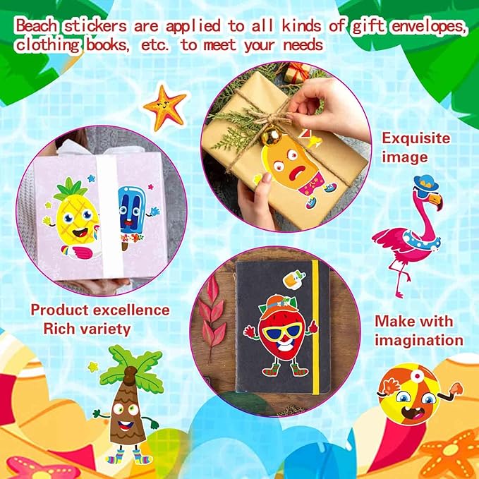 24 Sheets Summer Make a Face Sticker Hawaii Tropical Pool Beach Stickers for Kids, Make Your Own Watermelon Pineapple Flamingo Stickers, Summer Holiday Party Favors