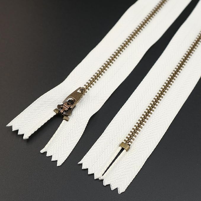 Leekayer 3# Jeans Zipper 8 Inch Antique Brass Metal Zipper 20.32cm Close End Zippers 6pcs,(White-Brass)