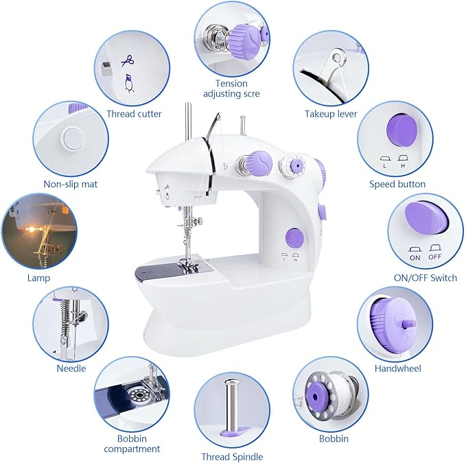Flying Banana Mini Sewing Machine with Extension Table, Dual Speed Portable Electric Sewing Machine for Beginners, Small Household Mending Kit with Light, Foot Pedal, AC/Battery Operated, White