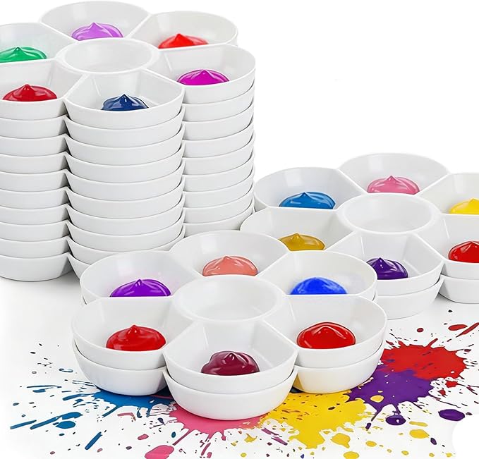 15 Pack Round Paint Palettes, Paint Tray Palettes with 7 Wells, White Plastic Paint Mixing Tray Watercolor Painting Dish for Oil DIY Art Gouache, Easy to Clean