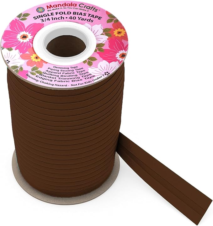 Mandala Crafts 3/4 Inch Single Fold Bias Tape for Sewing, Quilting, Piping, Hemming, Blanket & Quilt Binding – 40 Yards Brown Fabric Seam Binding Tape