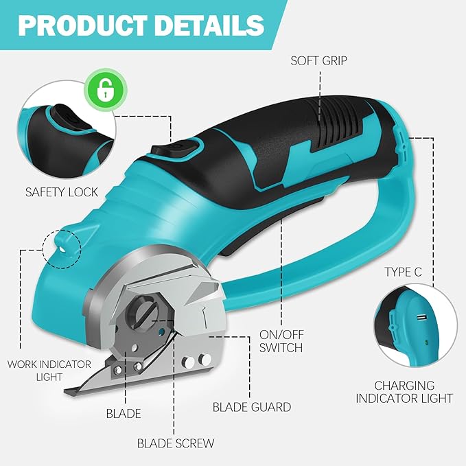 Cordless Electric Scissors, 4V Box Cutter & Cardboard Cutter with 2 Titanium Blades - Rotary Cutter with LED Light for Fabric, Leather, Carpet, Plastic, Crafting + Storage Case (Aqua Blue)