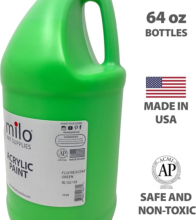 milo Fluorescent Green Neon Acrylic Paint | 64 oz Bottle Half Gallon | Glows UV in Black Light | Non-Toxic Made in USA | Bulk Art Paint for Party, Student, Classroom, Artist