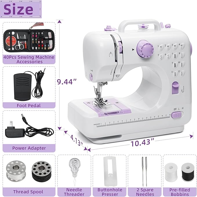 12-Stitch Small Sewing Machine with Foot Pedal & Night Light, Portable Electric Sewing Machine for Beginners, Kids, Tailors | Quick Repairs, DIY, Crafts | Powered by AC/Adapter (7-9W)