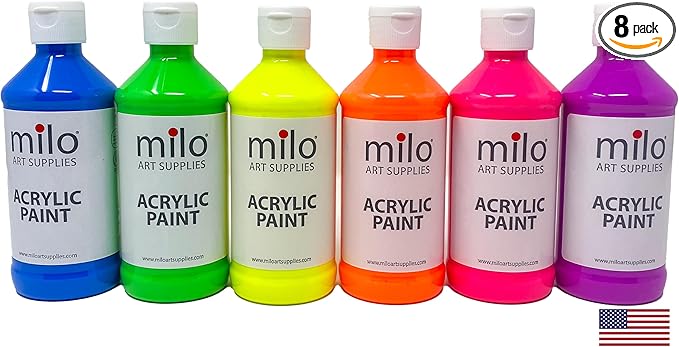 milo Fluorescent Acrylic Paint Set of 6 Colors | 8 oz Bottles | Student Neon Colors Acrylics Painting Pack | Glows UV in Black Light | Non-Toxic Arts & Crafts Paints for Artists & Hobby Painters | Made in USA