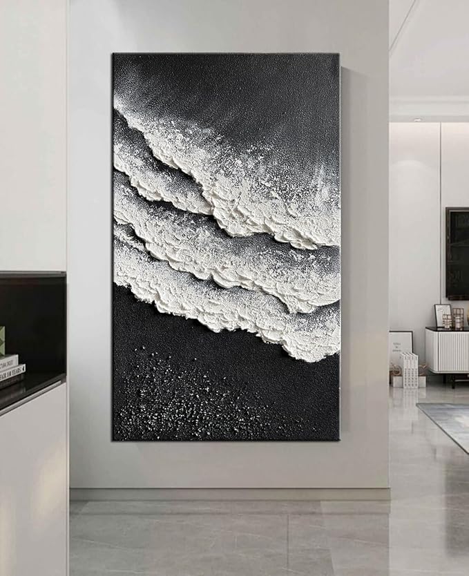 YaSheng Art - Oil Painting on Canvas Texture Black and White Ocean scenery sandbeach 3D Oil Painting Hand-Painted Abstract Artwork Paintings Modern Home Decor Living room sofa bedroom dining room hanging pictures Canvas Wall Art 24x48inch
