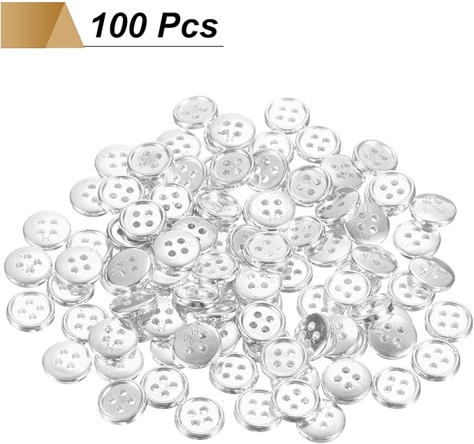 HARFINGTON 100pcs 16L Plastic Sewing Buttons 10mm 3/8" 4-Hole Round Replacement Craft Button for Coats Sewing Clothing and DIY, Silver